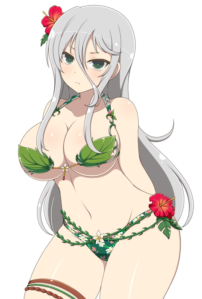 1girls arms_behind_back bra female floral_print flower flower_in_hair hair_between_eyes hibiscus ichiryuu_tsumiki large_breasts leaf_bikini leaves light-skinned_female light_skin looking_at_viewer midriff navel senko_(senran_kagura) senran_kagura sidelocks silver_hair simple_background solo standing thick_thighs thigh_strap very_long_hair white_background