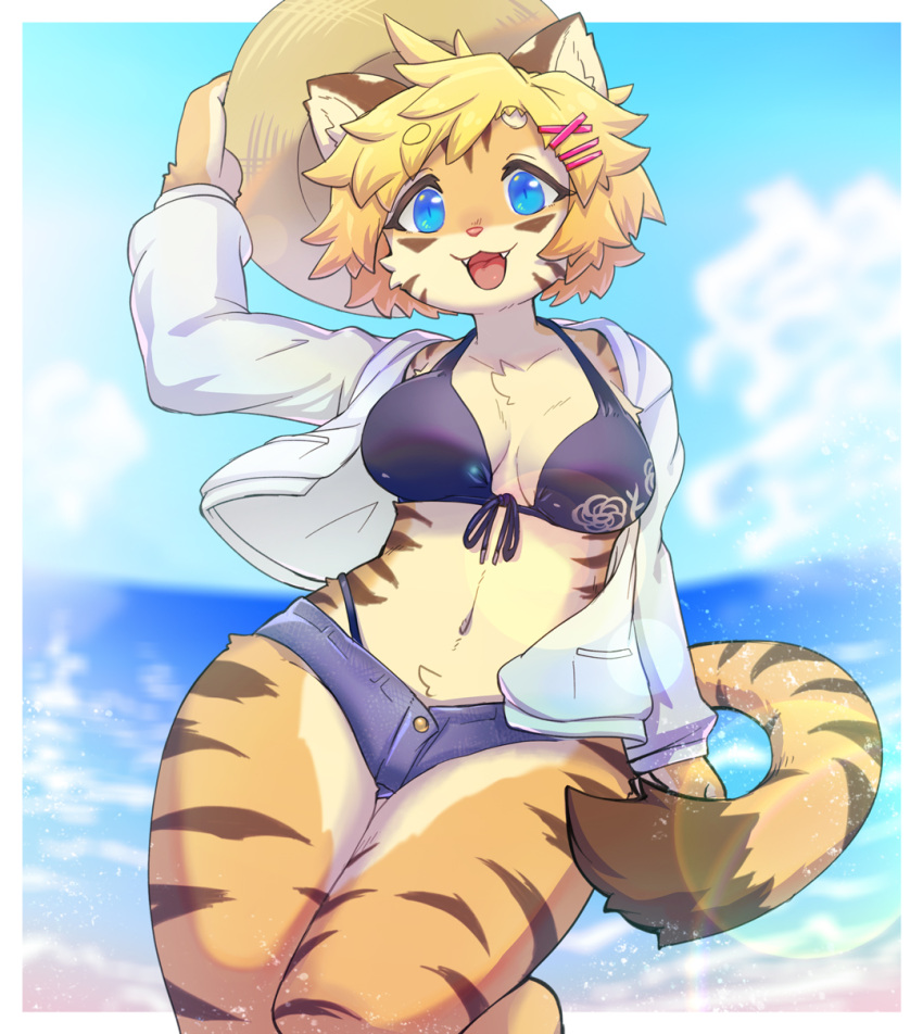 anthro big_breasts blue_eyes breasts clothed clothes clouds feline female furry hair_clips hanadaiteol hat looking_at_viewer open_mouth sky straw_hat stripes tagme tail thick_thighs three_tone_fur tiger water yellow_hair