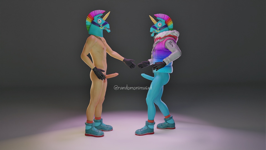 3d athletic_male big_penis blender blue_skin bridle colorful_hair fortnite fortnite:_battle_royale gloves_and_boots_only helmet llama llambro_(fortnite) male_focus male_only mohawk nipples nude_male partially_clothed randomonimusxd socks unicorn winter_coat