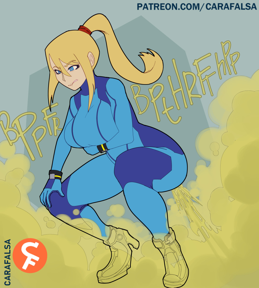 1girls blonde_hair blue_eyes bodysuit carafalsa fart fart_cloud fart_fetish farting metroid ponytail samus_aran solo_female squatting watermark zero_suit_samus