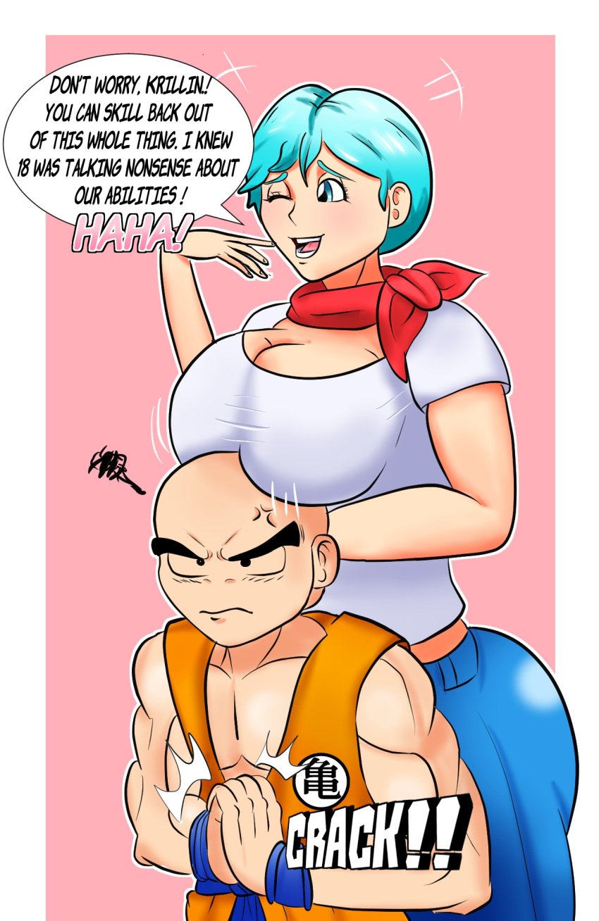 1boy 1girls alternate_breast_size asian asian_female big_ass big_breasts blue_eyes blue_hair breasts breasts_on_head bulma_briefs cleavage curvaceous curvy curvy_female curvy_figure dialogue dragon_ball dragon_ball_super dragon_ball_z female hi_res highres huge_breasts jeans krillin kuririn large_breasts light-skinned_female light_skin male male/female married_woman mature_female milf mother scarf speech_bubble tejapaynensfw text thick_thighs white_shirt wife