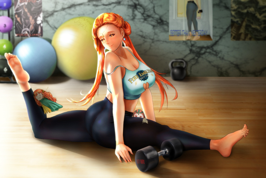 2girls ashera_(fire_emblem) ashunera_(fire_emblem) ass barefoot big_ass breasts cleavage cleavage_cutout dumbbell earrings female female_only fire_emblem fire_emblem:_radiant_dawn fit fit_female gym indoors jyx3 kettlebell large_breasts long_hair looking_at_viewer multiple_girls nintendo orange_eyes orange_hair panties peeking poster smile solo_focus splits training wooden_floor workout yune_(fire_emblem)