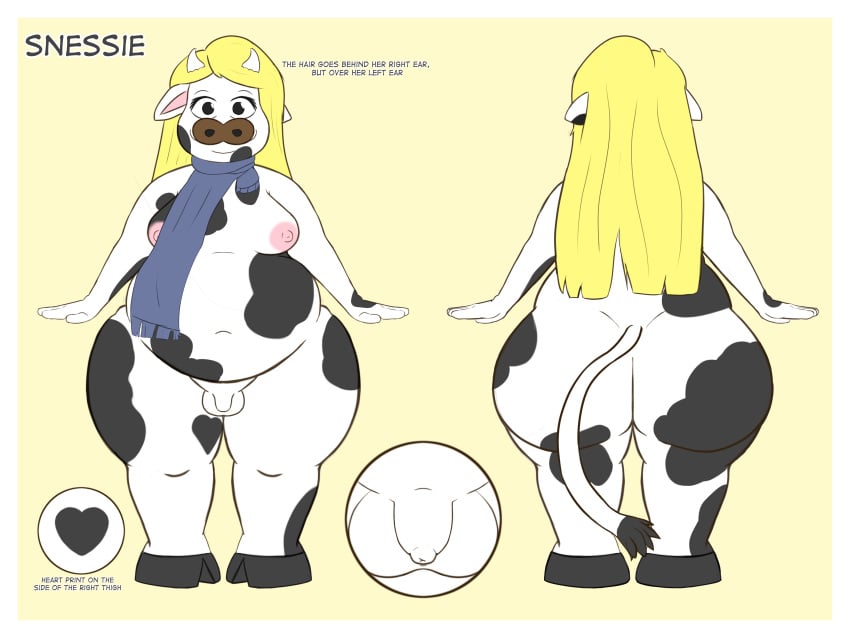 2022 absurd_res anthro ass belly big_belly big_butt black_eyes blonde_hair border bottom_heavy bovid bovine breasts cattle cutaway english_text fan_character foreskin front_view futanari genitals gynomorph hair hi_res horn huge_butt intersex mammal mcerror model_sheet mostly_nude navel nipples overweight penis rear_view scarf scarf_only simple_background small_breasts small_penis snessie_(nya4) standing text thick_thighs trans_woman transfem unretracted_foreskin white_border wide_hips yellow_background