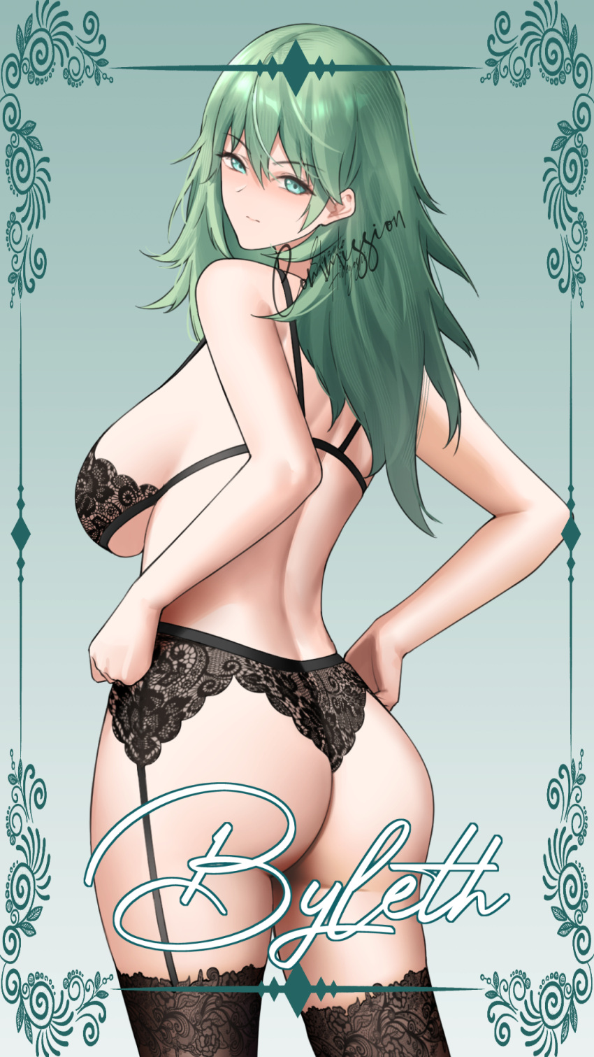 1girls aqua_background ass bare_arms bare_back bare_shoulders black_garter_belt black_garter_straps black_lingerie black_panties black_underwear blush bra breasts byleth_(fire_emblem) byleth_(fire_emblem)_(female) character_name closed_mouth commission cowboy_shot english_text enlightened_byleth_(female) expressionless female female_only fire_emblem fire_emblem:_three_houses from_behind garter_belt garter_straps green_eyes green_hair grey_hair hair_between_eyes highres lace lace-trimmed_bra lace-trimmed_panties lace-trimmed_thighhighs lace_bra lace_legwear lace_panties lace_trim lace_trimmed_lingerie large_breasts lingerie long_hair looking_at_viewer looking_back looking_back_at_viewer median_furrow mixed-language_commentary nintendo panties shizuko_hideyoshi solo thighhighs underwear underwear_only