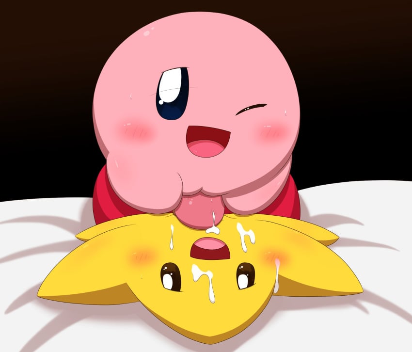 alien asterozoan bed blush bodily_fluids cum cum_on_face cum_on_own_face cum_on_self duo echinoderm female furniture genital_fluids genitals hi_res kirby kirby_(series) male male/female marine minami_(artist) nintendo on_bed one_eye_closed open_mouth penis pink_body pussyjob sex starfish starfy the_legendary_starfy the_legendary_starfy_(series) video_games waddling_head yellow_body