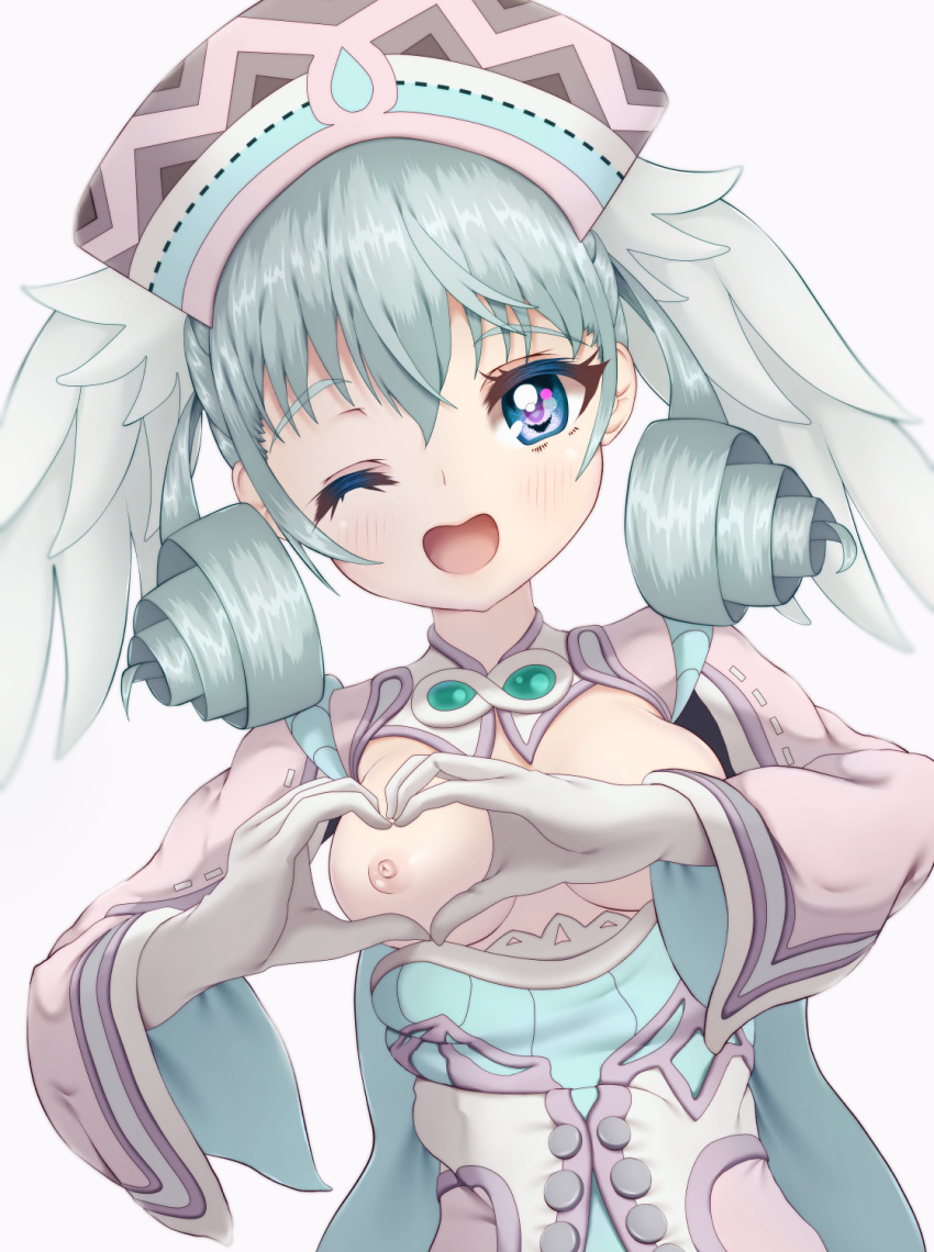 blue_eyes breasts cute exposed_breasts female female_only gloves head_wings headwear heart_hands high_entia looking_at_viewer melia_antiqua moe_rils nipples one_eye_closed silver_hair small_breasts smile solo solo_female xenoblade_(series) xenoblade_chronicles