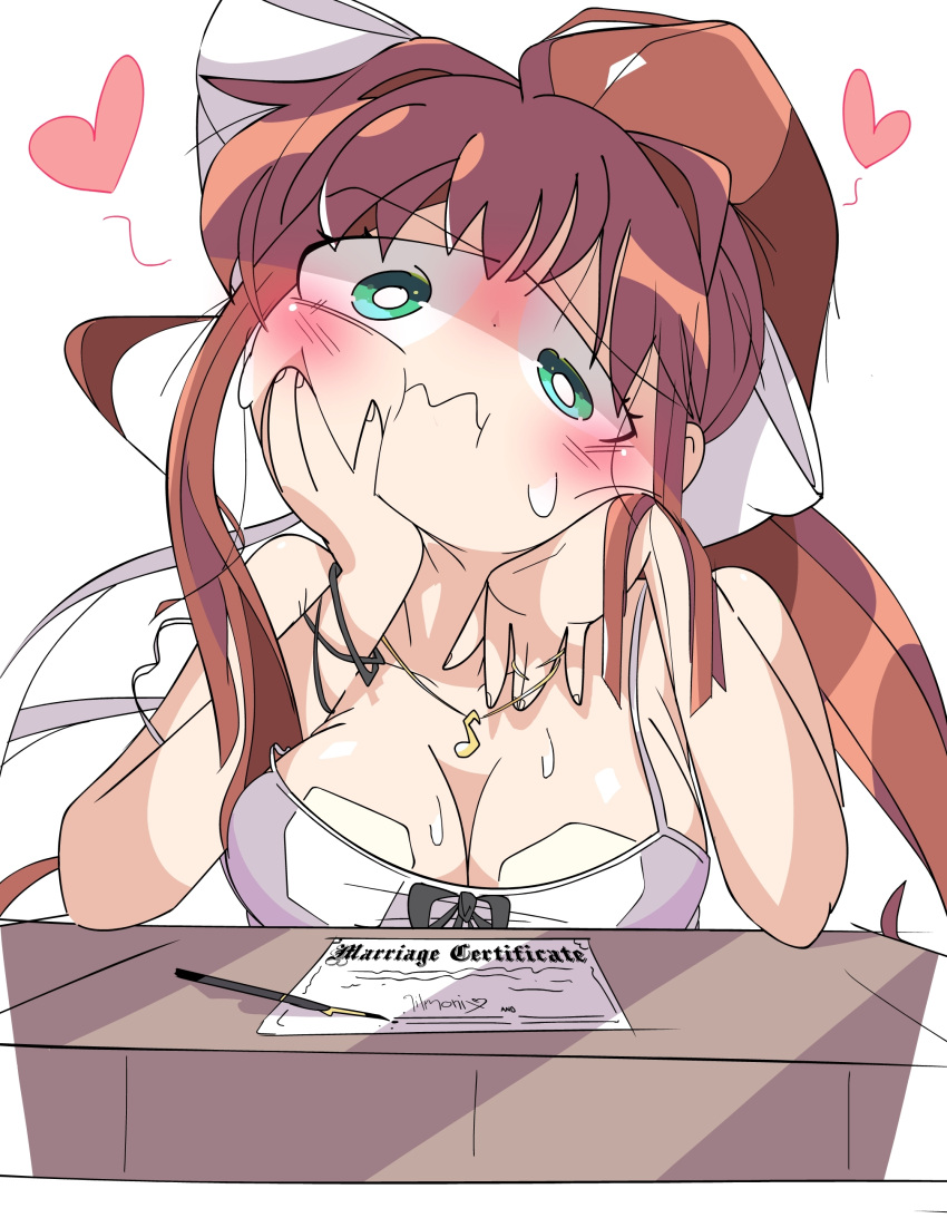 blush bow brown_hair doki_doki_literature_club flushed flustered funny green_eyes hand_on_chin heart junglejops monika_(doki_doki_literature_club) necklace not_porn paper pen red_hearts safe safe_for_work sfw shirt sweat sweating white_background white_bow white_shirt