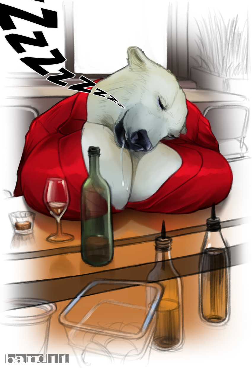 asleep band1tnsfw bar big_breasts breasts clothing digital_drawing_(artwork) digital_media_(artwork) drooling drooling_on_tits eyeshadow female fur furry furry_only huge_breasts large_breasts long_eyelashes mature_female meme natasha_vadimovna_(band1tnsfw) polar_bear portrait red_clothing saliva sfx sleeping solo suit suit_jacket thick_thighs wine wine_bottle wine_glass