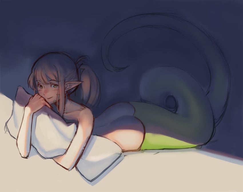 1girls ass blush brown_hair butt doki_doki_literature_club female green_eyes green_scales holding_pillow lamia laying laying_down laying_on_floor laying_on_stomach lolisakuya looking_at_viewer lying lying_on_stomach monika_(doki_doki_literature_club) monster_girl naked no_shirt nude on_floor pillow pointy_ears smile smiling snake snake_girl solo tail