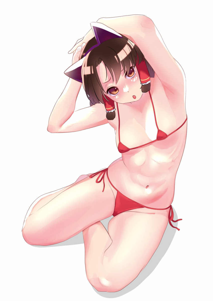 :o alternate_costume animal_ears armpits arms_up bangs benikurage_(cookie) bikini blush breasts brown_eyes brown_hair cat_ears commentary_request cookie_(touhou) covered_erect_nipples fake_animal_ears female frilled_hair_tubes frills full_body hair_tubes highres looking_at_viewer makaarami medium_hair micro_bikini nose_blush open_mouth parted_bangs red_bikini reimu_hakurei side-tie_bikini sidelocks simple_background small_breasts solo swimsuit touhou white_background