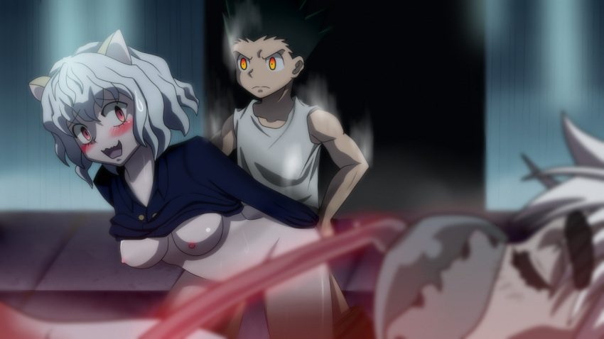 1boy 2girls animal_ears asleep blush boobs breasts cat_ears cat_girl chimera_ant female gon_freecss grey_hair humanoid hunter_x_hunter interspecies komugi male neferpitou nipples pale-skinned_female pale_skin pink_eyes short_hair shounen_jump silver_hair sleeping sweat sweatdrop sweating teen teen_boy teenager tits unconscious villainess white_hair yellow_eyes zoophilia