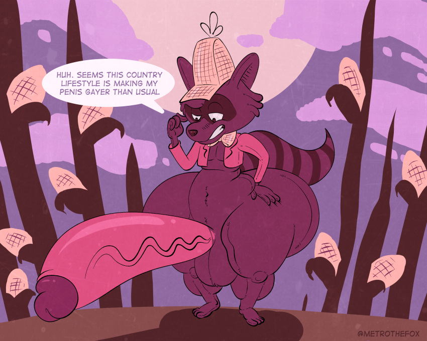 absurd_res anthro ass big_butt big_penis comic cornfield genitals hi_res huge_butt huge_cock hyper hyper_butt hyper_genitalia hyper_penis male male/male mammal metrothefox pantsless penis procyonid raccoon rory_the_raccoon solo