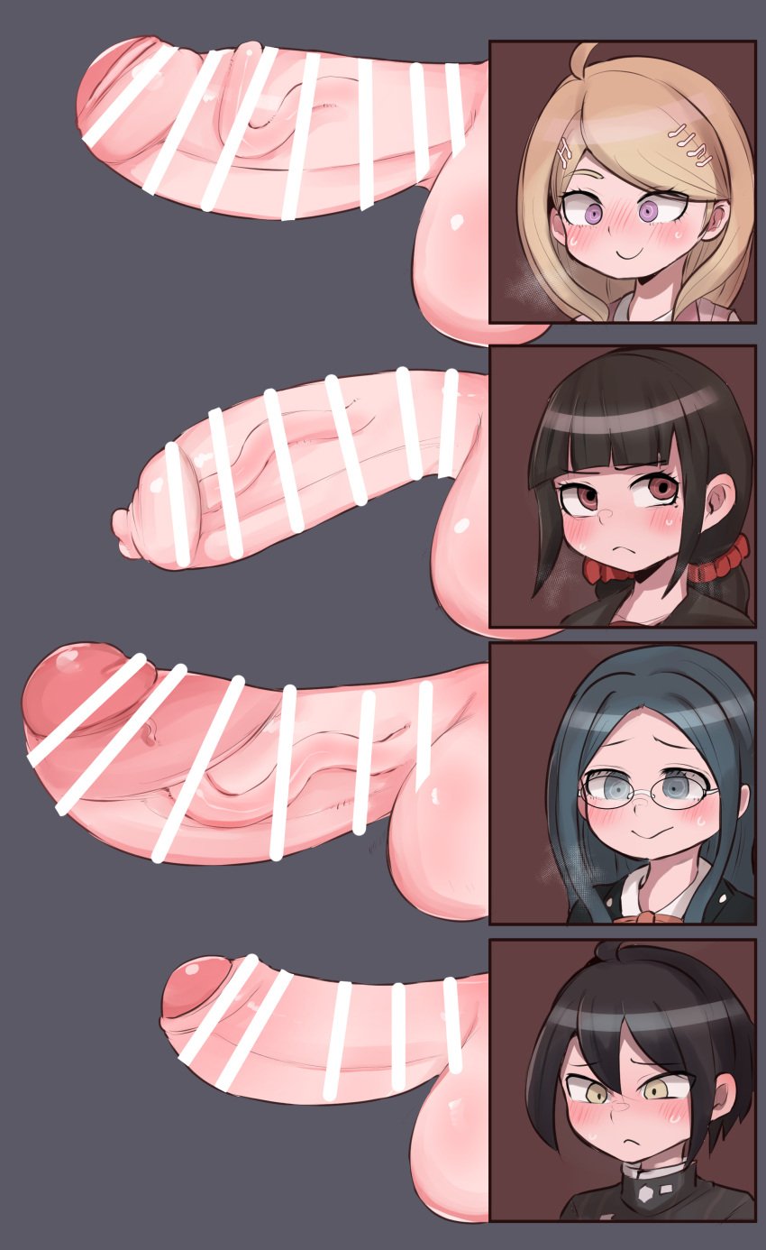 1boy 3futas akamatsu_kaede alternate_version_available big_breasts breasts censor_bar censored danganronpa danganronpa_v3 erect_penis erection futa_is_bigger futanari harukawa_maki human intersex light-skinned_futanari light_skin male multiple_penises penis penis_chart penis_size_chart penis_size_comparison penis_size_difference saihara_shuuichi shirogane_tsumugi zkky