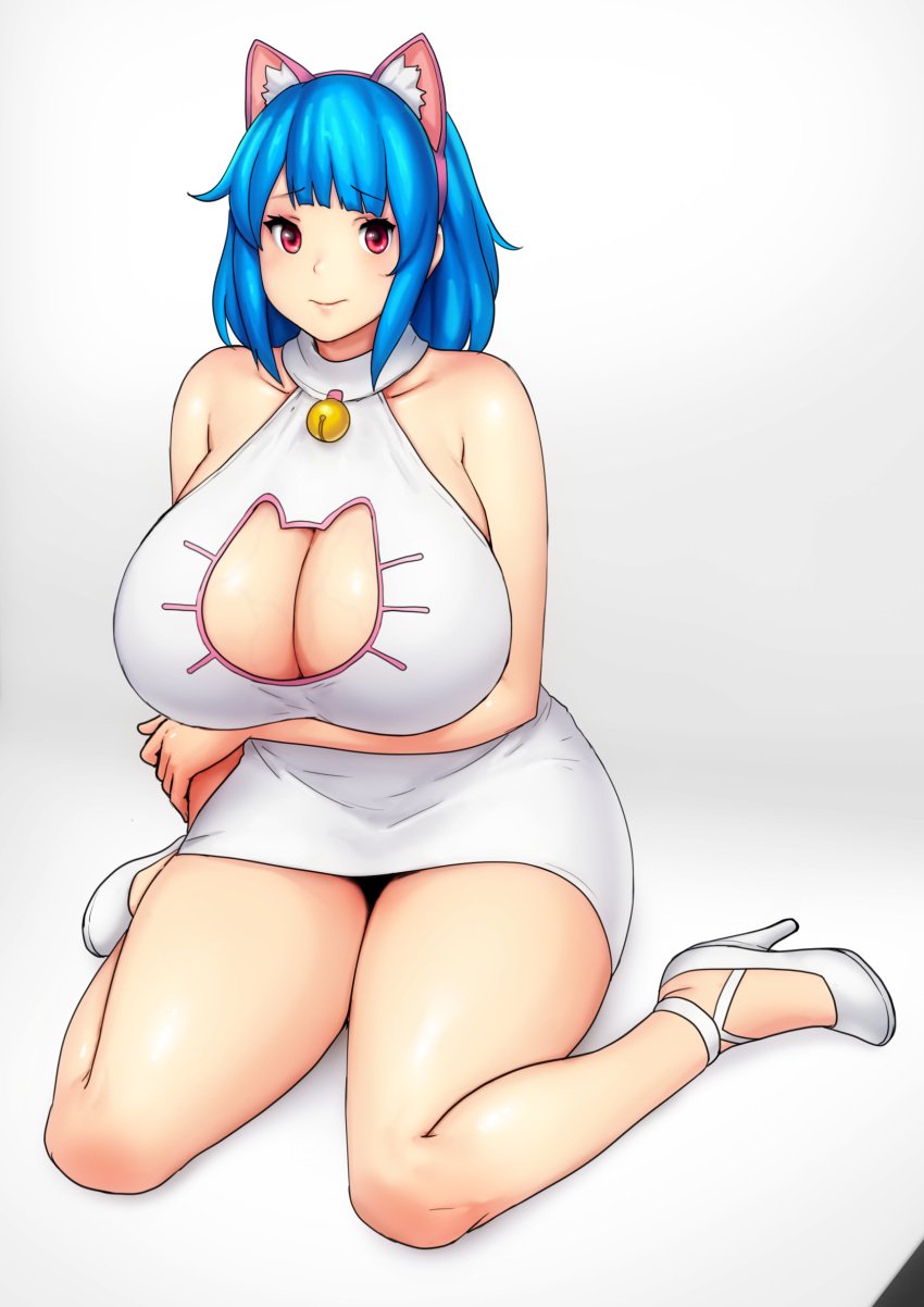 1girls animal_ears arm_under_breasts backless backless_clothes backless_dress bakunyuu bangs bare_shoulders bell blue_hair blunt_bangs breasts bursting_breasts cat_bell cat_cutout cat_ears cat_girl cleavage cleavage_cutout clothing_cutout collarbone covering_breasts dress embarrassed embarrassed_female enormous_breasts erkazooya errorkazoo eyebrows_visible_through_hair fake_animal_ears fake_cat_ears female full_body fully_clothed hi_res high_heeled_shoes high_heels high_resolution highres huge_breasts huge_cleavage kneeling kneeling_down kneeling_on_floor kneeling_on_ground looking_at_viewer massive_breasts neck_bell nervous nervous_smile on_the_floor on_the_ground original original_character parted_lips plain_background raised_eyebrows red_eyes rina_atherina rina_atherina_(errorkazoo) short_hair simple_background sitting sleeveless sleeveless_clothing sleeveless_dress sleeveless_turtleneck smile smiling_at_viewer solo spread_legs top_heavy_breasts voluptuous voluptuous_female wariza white_background white_clothing white_dress white_footwear white_high_heels white_shoes