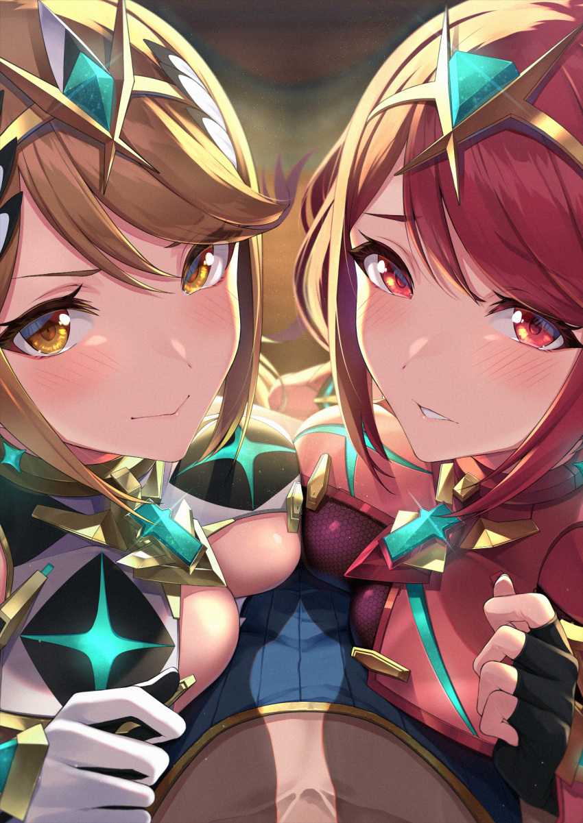 1boy 2girls armor blonde_hair blush breast_to_breast breasts cleavage doujin_cover fingerless_gloves hi_res imminent_sex long_hair looking_at_viewer mythra nintendo pov pyra red_eyes red_hair rex_(xenoblade) seductive seductive_look seductive_smile short_hair tiara xenoblade_(series) xenoblade_chronicles_2 yellow_eyes yuuki_shin