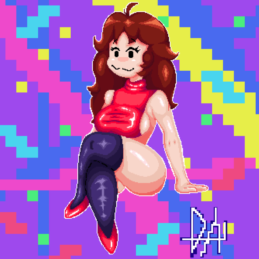 :3 background breasts deadaccountlol eyebrows_visible_through_hair female_only friday_night_funkin girlfriend_(friday_night_funkin) high_heels long_hair mob_face pixel_art sideboob signature sitting skirt stockings thick_thighs turtleneck_dress