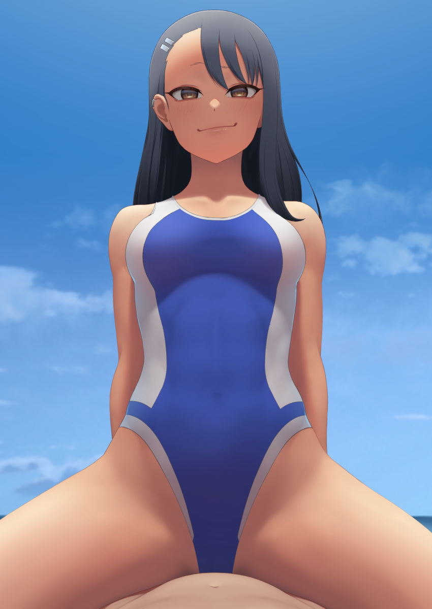 1boy 1girls black_hair blush breasts brown_eyes clothed clothing cute earrings hayase_nagatoro long_hair looking_at_viewer naoto_hachioji_(senpai) navel please_don't_bully_me,_nagatoro putcher revealing_clothes small_breasts smile spread_legs swimsuit tan tanline tanned watermark