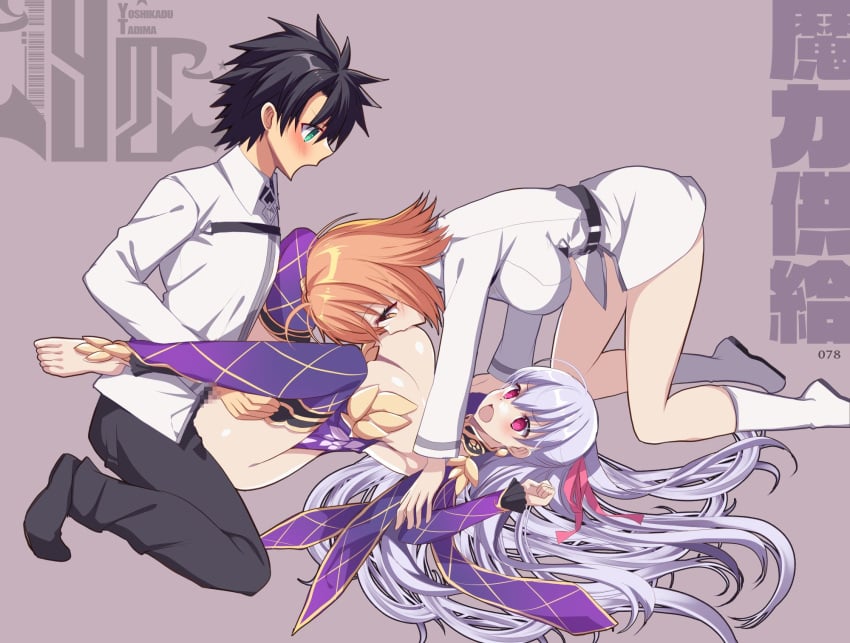 1boy 2girls bisexual black_hair breast_sucking breasts chaldea_uniform clothed_sex fate/grand_order fate_(series) feet fujimaru_ritsuka_(female) fujimaru_ritsuka_(male) kama_(fate/grand_order) long_hair orange_eyes orange_hair penetration tajima_yoshikazu threesome white_shirt