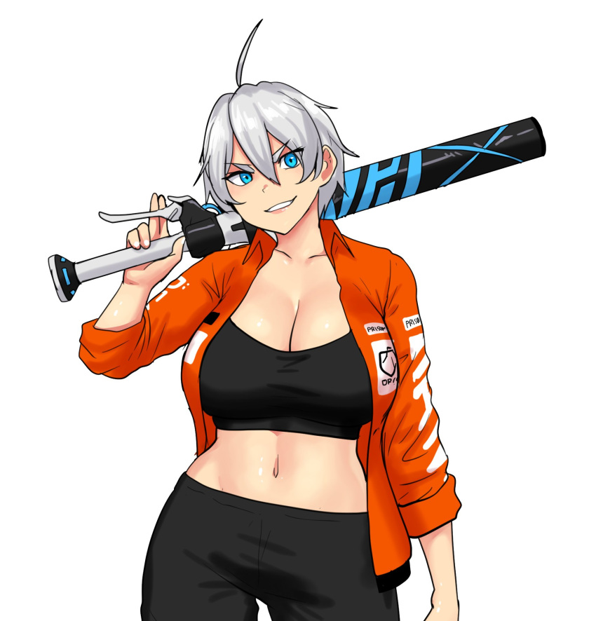 1girls ahoge angry angry_face aqua_eyes baseball_bat belly_button black_pants breasts cleavage collarbone collared_shirt covering_breasts cowboy_shot enormous_breasts erkazooya errorkazoo exposed_navel grey_hair hi_res high_resolution highres holding holding_baseball_bat huge_breasts long_sleeves looking_at_viewer navel orange_shirt original original_character pants parted_lips plain_background rey_(errorkazoo) shirt short_hair simple_background smile solo solo_female upper_body voluptuous white_background