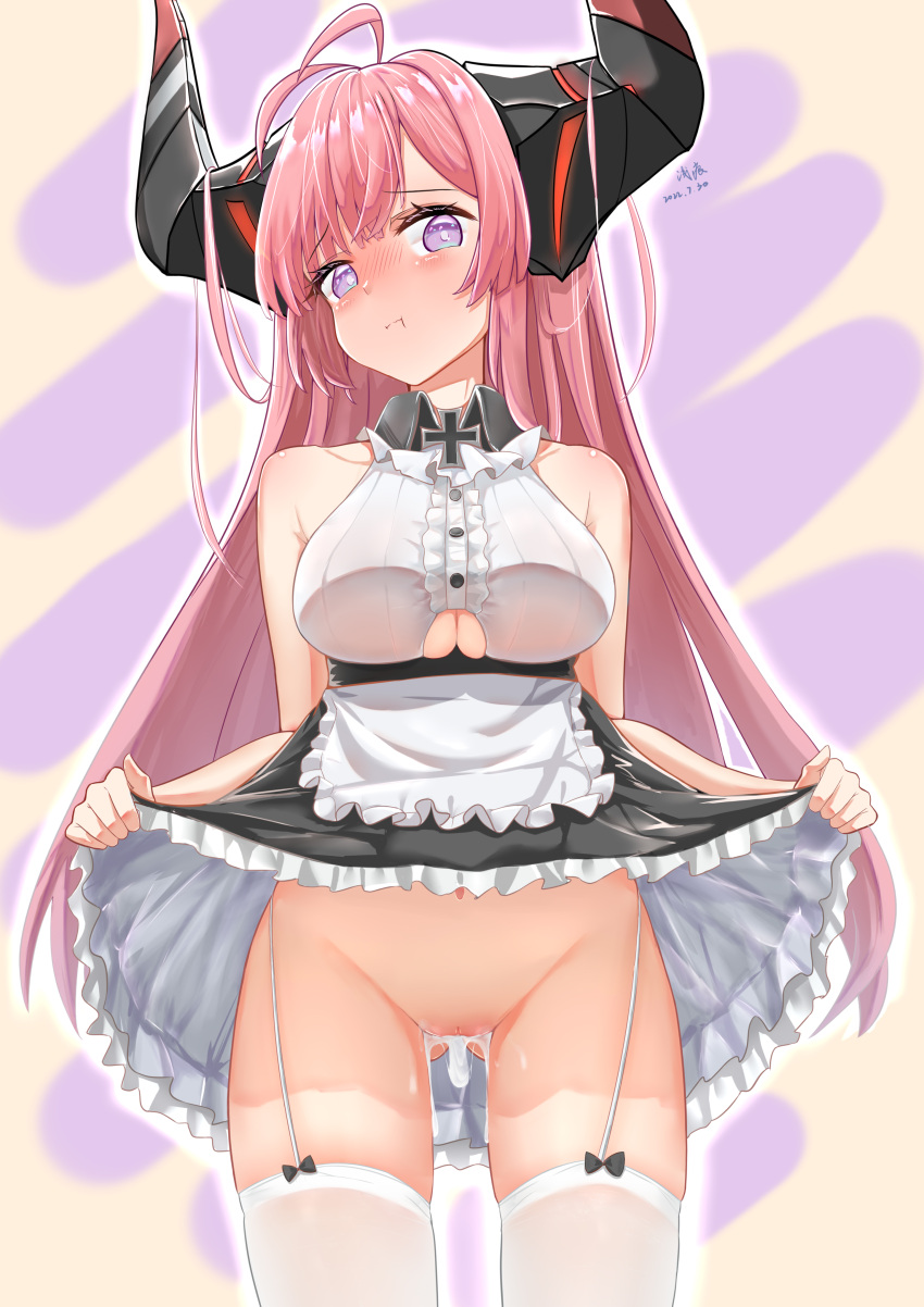 1girls absurdres ahoge alternate_costume antenna_hair apron azur_lane blush cleft_of_venus clothes_lift clothing_cutout cowboy_shot cross cum cum_in_pussy cumdrip enmaided female female_only frills garter_straps hair_on_horn highres horns iron_blood_(azur_lane) iron_cross lifted_by_self light-skinned_female light_skin long_hair maid no_panties pink_eyes pink_hair pout prinz_rupprecht_(azur_lane) qian_hen skirt skirt_lift solo standing thighhighs underboob_cutout waist_apron white_thighhighs