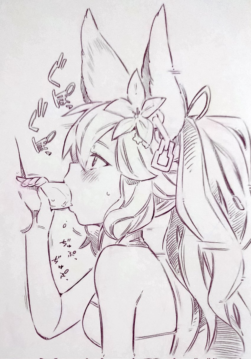 1boy animal_ears bikini blush commentary_request erune fellatio female ferry_(granblue_fantasy) flower granblue_fantasy hair_flower hair_ornament highres long_hair monochrome motion_lines oral penis ponytail profile solo_focus straight swimsuit traditional_media tsukareta_san