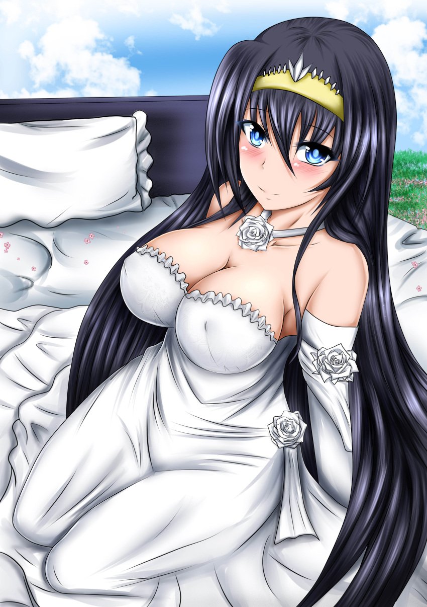 1girls big_breasts breasts doraemon:_nobita_no_biohazard eyebrows_visible_through_hair hairband k_kung looking_at_viewer on_bed pillow seina_midorikawa wedding_dress