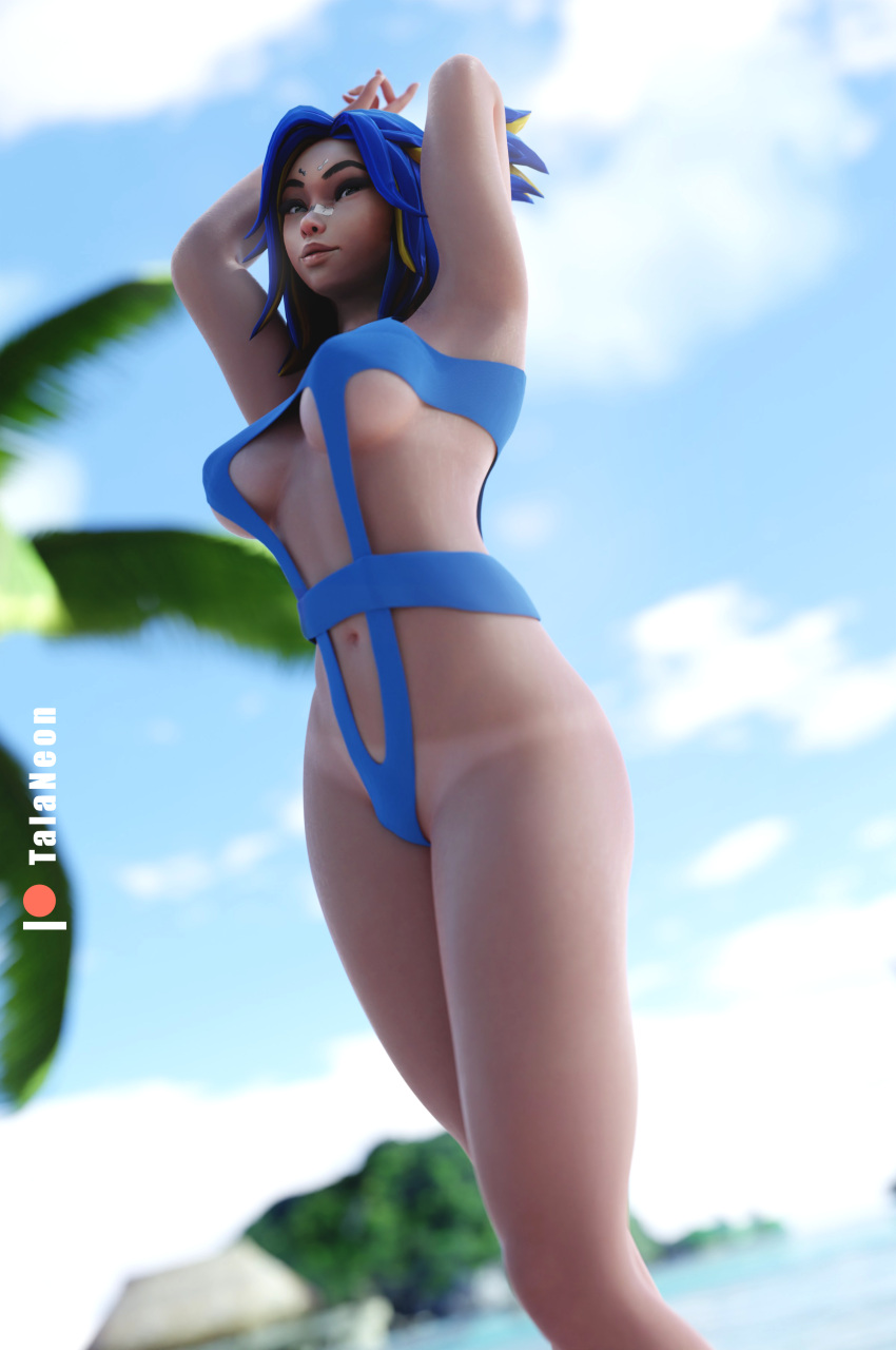 1girls 3d armpits arms_behind_head arms_up blonde_hair blue_hair blue_swimsuit female female_only large_breasts multicolored_hair neon_(valorant) nose_bandage palm_tree patreon_username riot_games seaside sky solo_female swimsuit talaneon tanline thick_thighs valorant