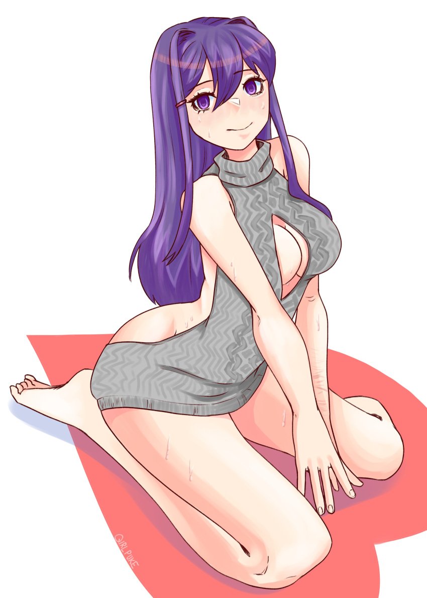 doki_doki_literature_club looking_at_viewer purple_eyes purple_hair qirlpuke sitting sweat sweating turtleneck turtleneck_sweater virgin_killer_sweater yuri_(doki_doki_literature_club)