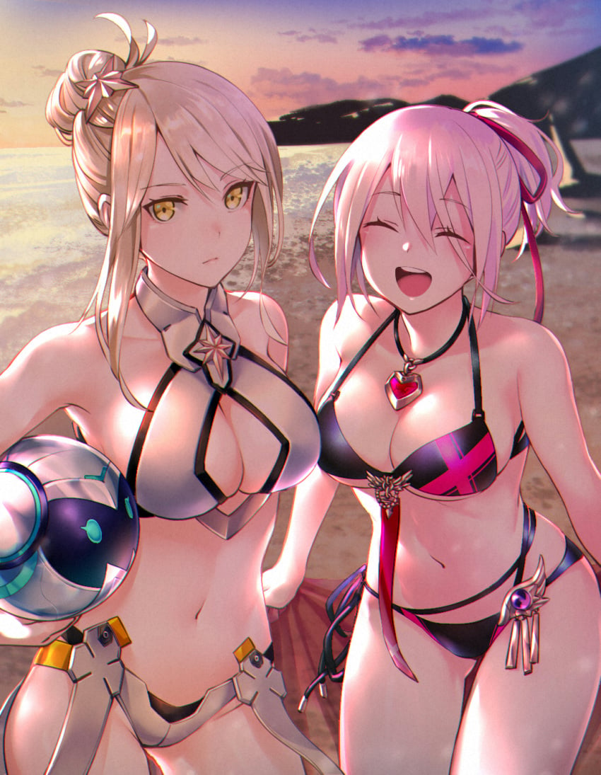 beach big_breasts black_bikini blonde_hair breasts closed_eyes cloud clouds evening hair_ornament happy idola_phantasy_star_saga long_hair looking_at_viewer mountain necklace okuyama open_mouth phantasy_star_online_2 pink_hair red_highlights rock sand sega sky smile smiling stella_(idola) the_warrior_(idola) thick_thighs tied_hair white_bikini white_hair wholesome yellow_eyes