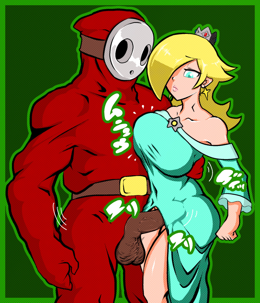 blonde_female blonde_hair blue_eyes clothed dark-skinned_male dress exposed_penis hman interracial mario_(series) mask nintendo princess_rosalina shy_guy