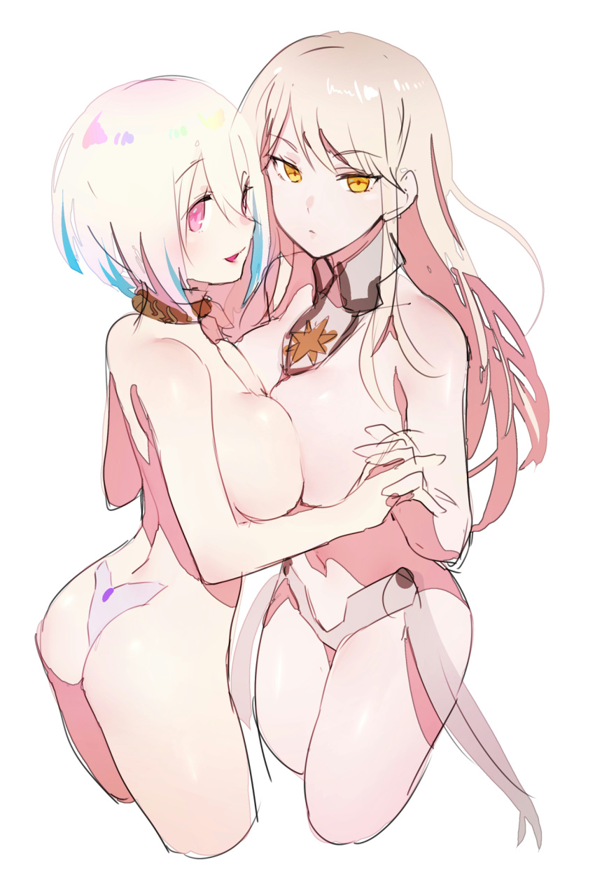 2girls big_breasts blonde_hair breasts breasts_to_breasts giselle_(idola) holding_hands idola_phantasy_star_saga looking_at_viewer multiple_girls naked okuyama panties_only phantasy_star_online_2 pink_eyes sega simple_background the_warrior_(idola) thick_thighs white_hair yellow_eyes