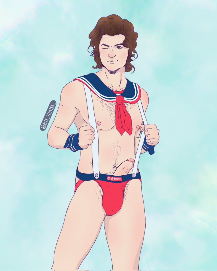 1boy actor alex_illustra_(artist) boner caucasian caucasian_male celebrity erect_penis erection hard_on in_character jockstrap joe_keery looking_at_viewer male male_only penis_out penis_peek solo solo_male steve_harrington stranger_things winking