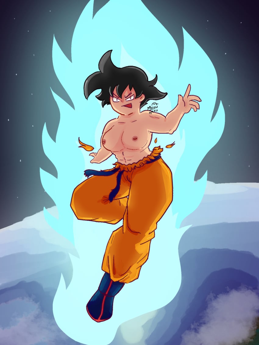 abs aura big_breast black_hair breast breasts clothes dragon_ball dragon_ball_super eyes fanart female female_goku gal genderbend girl mosunoru muscle nipple rule_63 saiyan shirtless smile son_goku space ultra_instinct