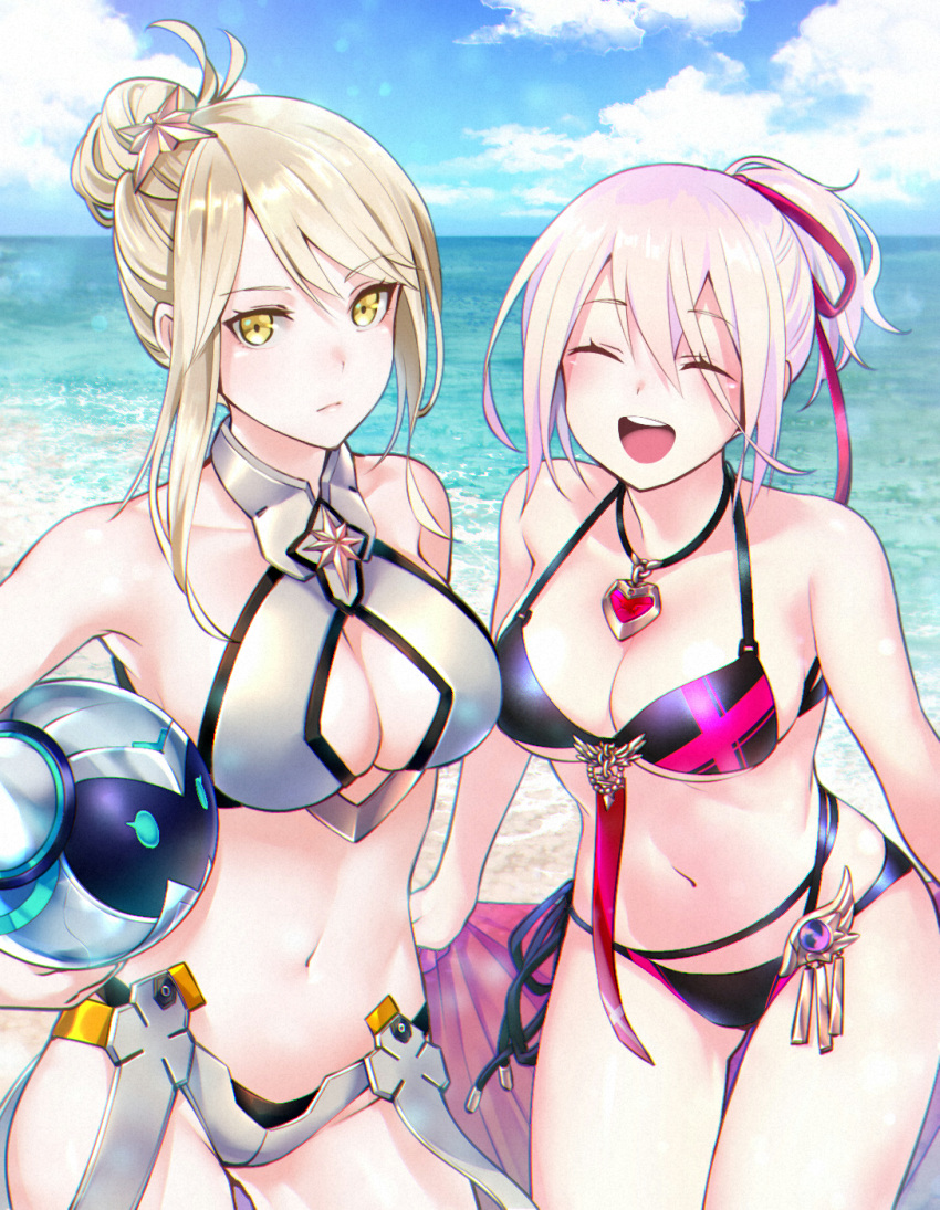 2girls beach beach_ball beach_towel big_breasts black_bikini blonde_hair breasts closed_eyes cloud clouds daytime hair_ornament happy idola_phantasy_star_saga long_hair looking_at_viewer multiple_girls necklace ocean okuyama open_mouth phantasy_star_online_2 pink_hair red_highlights sand sega sky smile smiling stella_(idola) the_warrior_(idola) thick_thighs tied_hair water white_bikini white_hair wholesome yellow_eyes