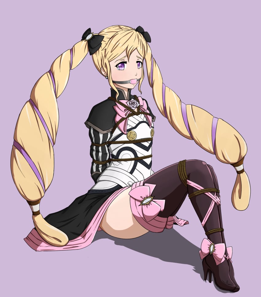 1girls arms_tied_behind_back ball_gag blonde_female blonde_hair bondage bow_in_hair clothed_female dress elise_(fire_emblem) female fire_emblem fire_emblem_fates fully_clothed gag gagged high_heels legs_tied long_twintails nintendo purple_eyes rope rope_bondage sitting source_request thighhighs twintails wadaldo