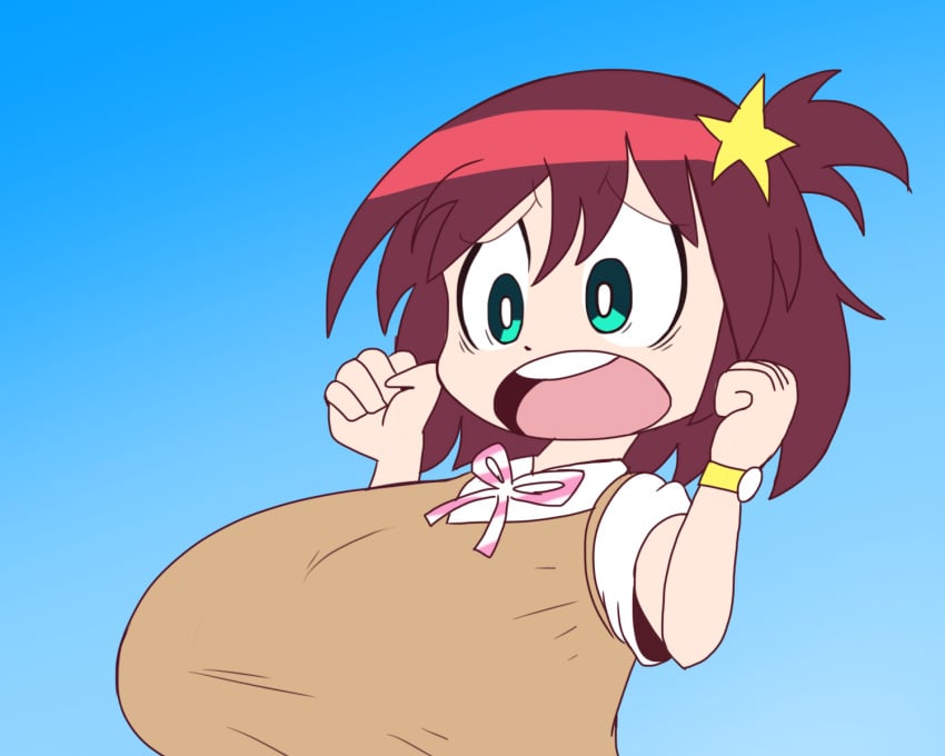 1girls aqua_eyes big_breasts breasts brown_hair clothed clothes clothing female female_only fully_clothed godalmite hair huge_breasts large_breasts luluco open_mouth shocked short_hair solo solo_female space_patrol_luluco teeth tongue worried