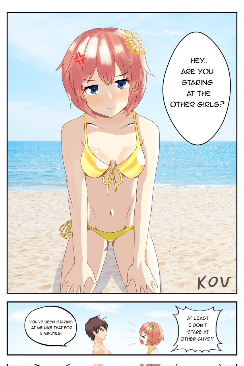 anger_vein angry angry_face beach bikini bikini_bottom bikini_top black_text blue_eyes blue_sky brown_hair dialogue doki_doki_literature_club english_text flower_in_hair jealous kkflick looking_at_viewer mc_(doki_doki_literature_club!) ocean open_mouth orange_hair pouting sand sayori_(doki_doki_literature_club) sayorilewds sky swimsuit text text_bubble water yelling yellow_bikini yellow_bikini_bottom yellow_bikini_top yellow_swimsuit