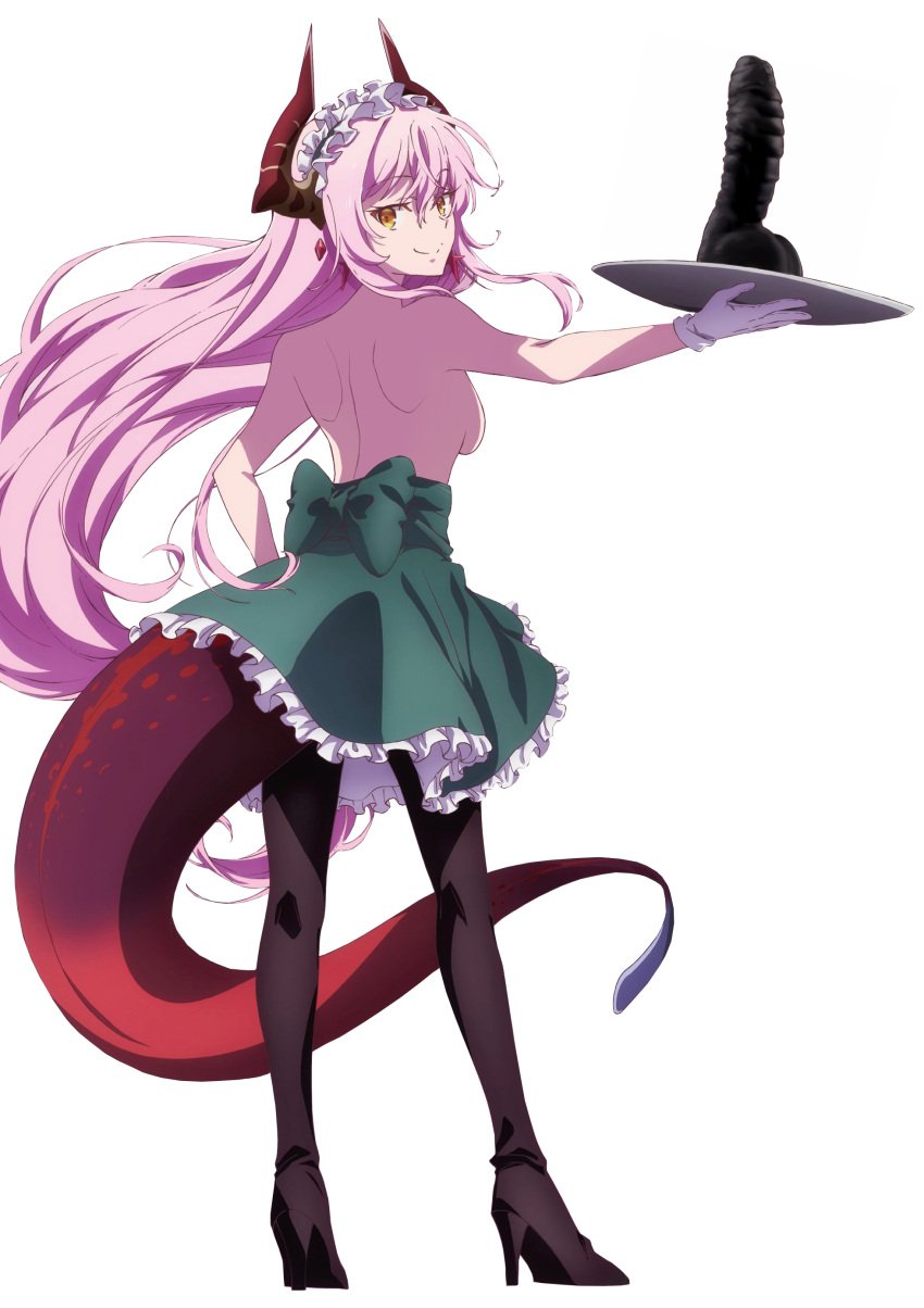 back_to_viewer bare_breasts bare_shoulders black_heels bow dildo echidna_(yuusha_yamemasu) edit frilly gloves green_clothing heels high_heel_boots high_heels highres horni_(edits) horns long_hair long_tail looking_at_viewer looking_back maid maid_headdress nude_filter pink_hair platter red_tail skirt smiling_at_viewer tagme tail topless topless_female waist_belt white_gloves yellow_eyes yuusha_yamemasu