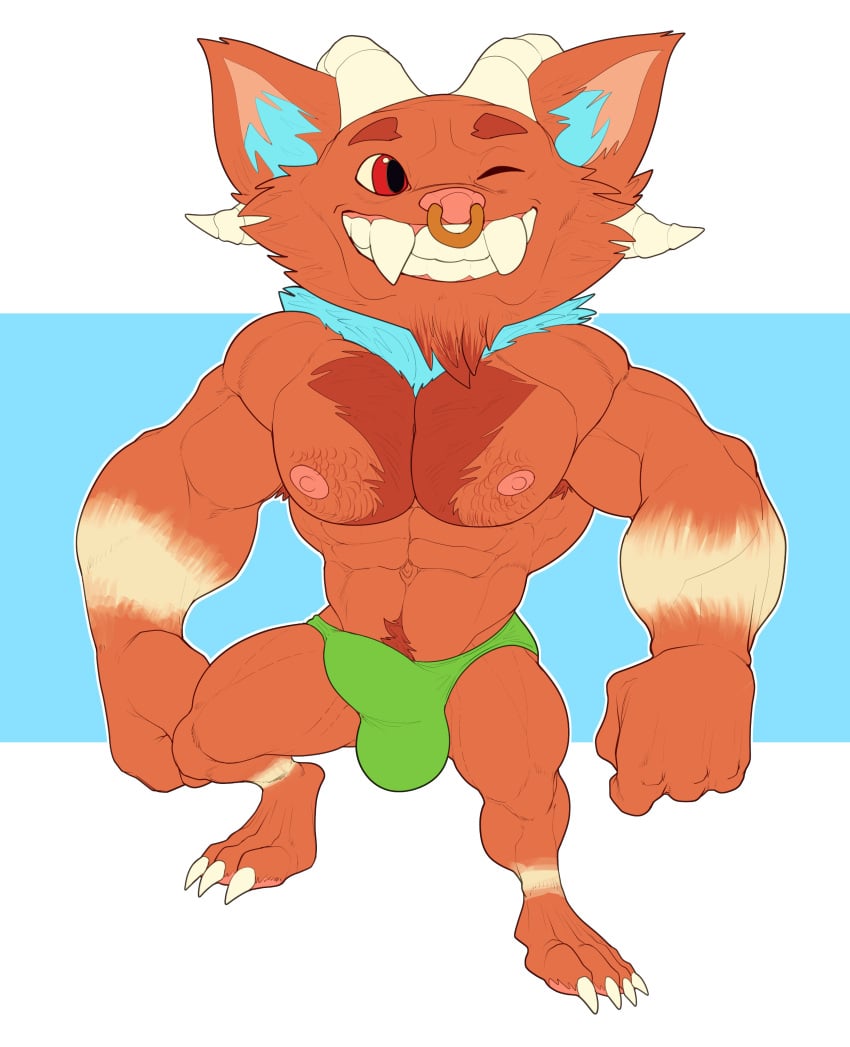 1boy 2022 2_horns 4_fingers 4_toes abs absurd_res anthro barefoot biceps bottomwear bristol bulge cheek_tuft chin_tuft claws clothed clothed_anthro clothed_male clothing digital_drawing_(artwork) digital_media_(artwork) ear_tuft eyebrows facial_piercing facial_tuft fan_character feet fingers flat_colors front_view full-length_portrait fur gums head_horn hi_res horn humanoid_hands inner_ear_fluff jewelry league_of_legends male male_anthro male_only mammal manly markings multicolored_body multicolored_fur muscular muscular_anthro muscular_male navel neck_tuft nipples nose_piercing nose_ring open_mouth open_smile original_character pawpads pecs penis_outline piercing plantigrade portrait pose pubes quads red_eyes ring_piercing riot_games simple_background skimpy smile solo solo_male speedo standing striped_arms striped_legs swimwear tight_clothing toes toony topless topless_anthro topless_male triceps tuft video_games yordle