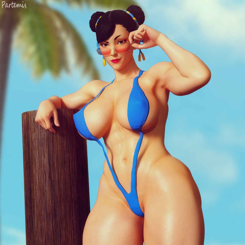 1girls 3d adjusting_eyewear adjusting_glasses adjusting_sunglasses big_breasts bikini capcom chun-li female female_only looking_over_eyewear looking_over_glasses looking_over_sunglasses partemis red-tinted_eyewear sling_bikini solo street_fighter sunglasses swimsuit thick_thighs tinted_eyewear