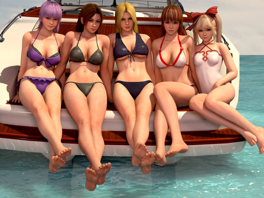 3d 3d_(artwork) 5girls ayane_(doa) barefoot bikini black_bikini blonde_female blonde_hair blue_eyes boat breasts brown_eyes brown_hair cleavage dead_or_alive dead_or_alive_5 fatal_fury feet female female_only hairbow helena_douglas highres kasumi_(doa) king_of_fighters large_breasts legs long_hair looking_at_viewer mai_shiranui marie_rose multiple_girls ninja_gaiden ocean one-piece_swimsuit petite purple_bikini purple_hair radianteld red_eyes short_hair sitting small_breasts soles straight_hair summer swimsuit twintails water white_bikini