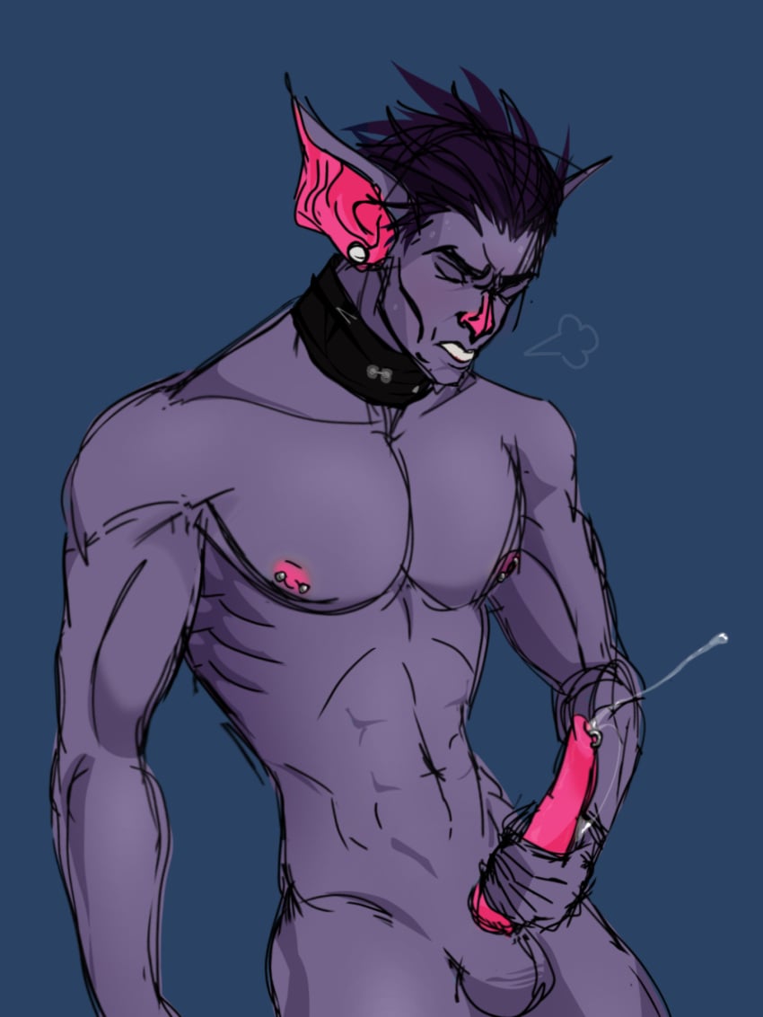 anthro arcane bat blue_body blush chirean choker closed_eyes collar cum humanoid league_of_legends male_only masturbation muscular_male nipple_piercing non-human penis_piercing pink_penis precum scar_(arcane) solo_focus sweat