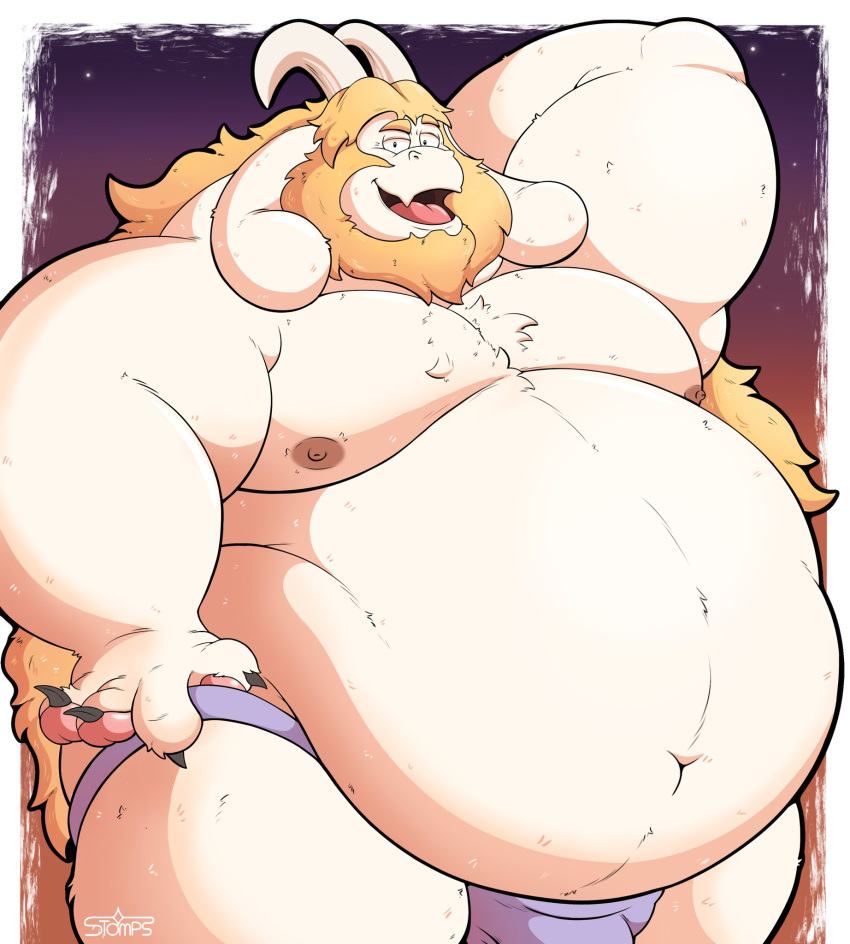 2022 anthro asgore_dreemurr beard belly big_belly big_moobs border boss_monster bovid bulge caprine claws clothing eyebrows facial_hair fat fur goat gradient_background hair hand_behind_head hi_res horn long_ears long_hair looking_at_viewer love_handles male male_only mammal moobs morbidly_obese morbidly_obese_anthro morbidly_obese_male navel nipples obese obese_anthro obese_male open_mouth open_smile orange_background overweight overweight_anthro overweight_male purple_background seductive signature simple_background smile solo standing stompsthecroc thick_thighs tongue tuft undertale undertale_(series) underwear video_games white_border