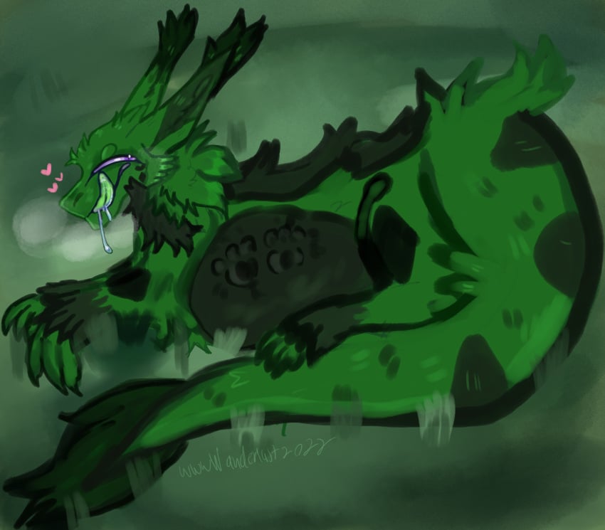 2022 absurd_res after_vore ambiguous_gender belly big_belly big_ears bodily_fluids digital_media_(artwork) dragon ear_tuft feral footprint fur furred_dragon green_body green_fur green_tongue heart hi_res laying_on_grass laying_on_ground pawprint paws purple_eyes saliva saliva_string scalie simple_background smile soft_vore stomach_bulge tongue tuft vore wanderlustzing