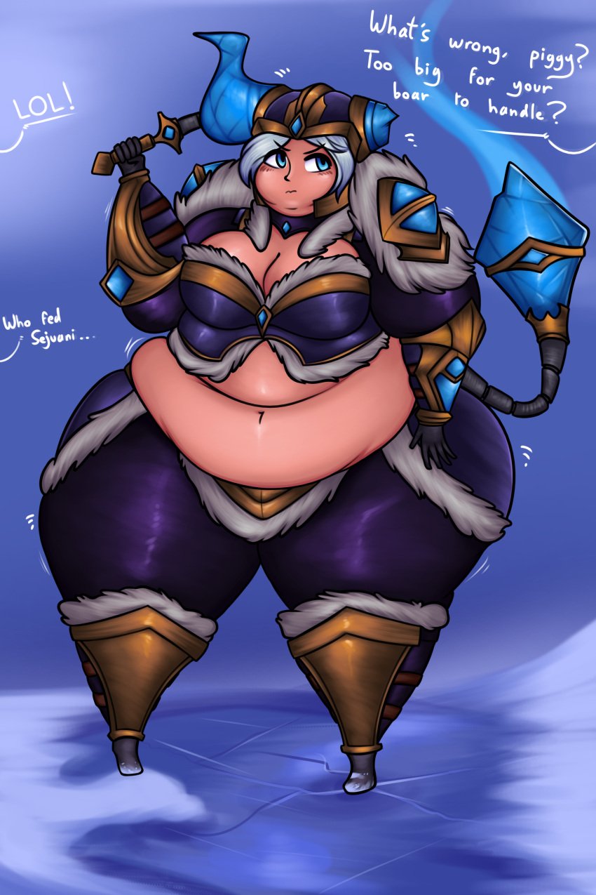 big_belly blue_eyes fat kyillakuween league_of_legends light_skin obese sejuani weight_gain white_hair wide_hips