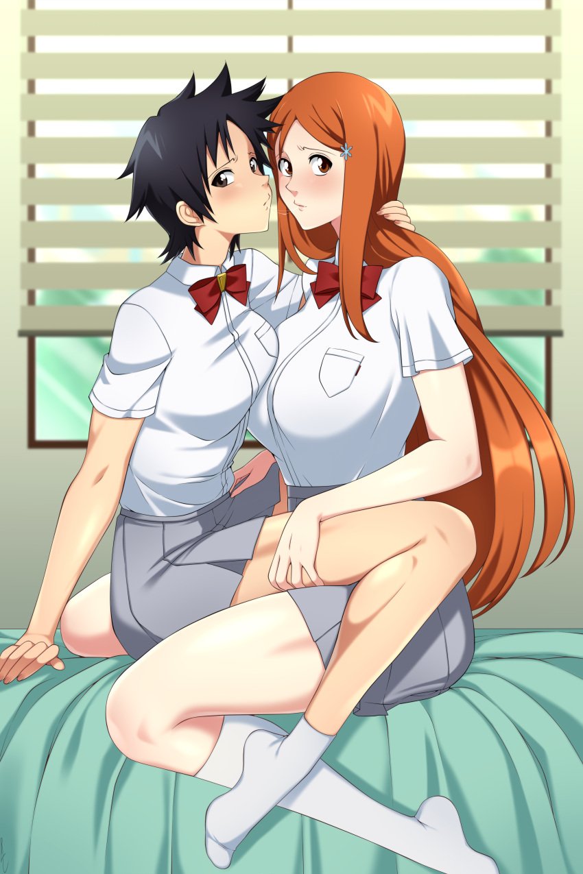 2girls after_kiss ankle_socks anklehighs arisawa_tatsuki asymmetrical_docking barefoot bed bed_sheet bedroom big_breasts black_hair bleach blush breast_docking breast_pocket breast_size_difference breasts brown_eyes busty caught caught_in_the_act embarrassed female female/female female_only friends hand_on_another's_hair hand_on_another's_thigh hand_on_hair hand_on_thigh highres huge_breasts indoors inoue_orihime knee_socks kneehighs kneesocks large_breasts lindaroze long_hair looking_at_viewer multiple_girls no_shoes oppai orange_hair pocket saliva saliva_string saliva_trail school_uniform schoolgirl shirt shirt_tucked_in short_hair sitting sitting_on_bed sitting_on_lap sitting_on_person skirt socks source_request spiked_hair take_your_pick tatsuki_arisawa teenage_girl teenager teenagers thighs tomboy voluptuous white_footwear white_socks yuri