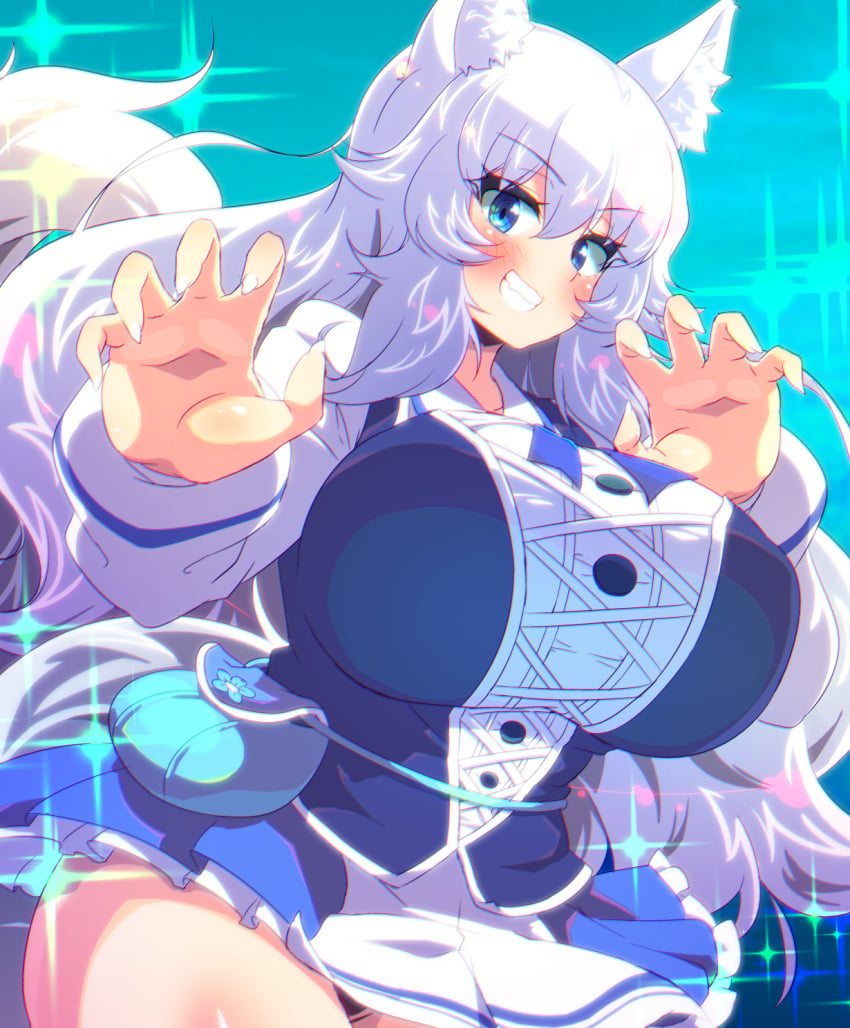 1girls animal_ear_fluff animal_ears blue_eyes borrowed_character breasts claw_pose cute female fingernails finland highres indie_virtual_youtuber large_breasts long_hair looking_at_viewer lumi_(merryweather) panties sharp_fingernails smile solo sw_(taco) tail virtual_youtuber white_hair wolf_ears wolf_girl wolf_tail