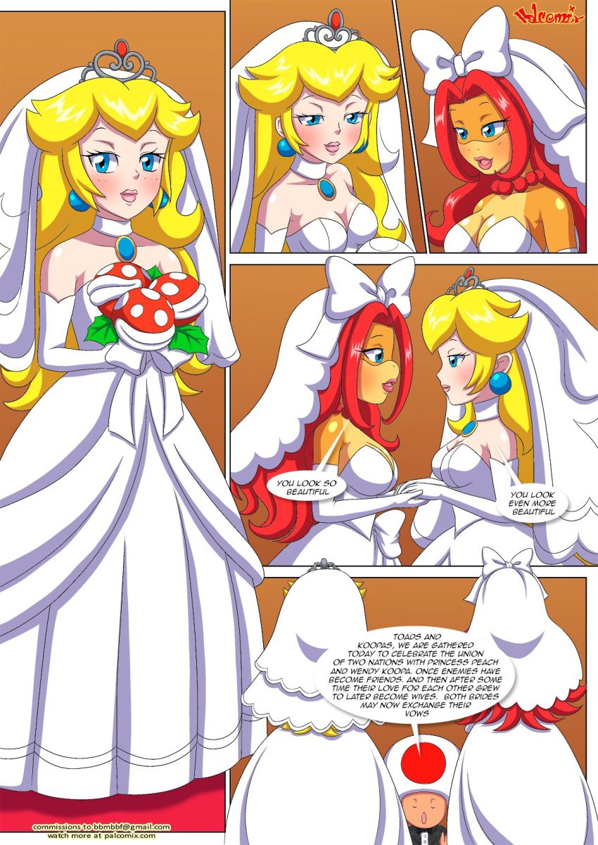 2girls bbmbbf blonde_female bridal_gown bridal_veil bride bride_and_bride bride_veil comic koopaling mario_(series) nintendo palcomix peach_x_wendy_3_(comic) piranha_plant piranha_plant_bouquet princess_peach super_mario_bros. super_mario_odyssey tagme toad_(mario) wedding_dress wedding_peach_(super_mario_odyssey) wedding_veil wendy_o._koopa yuri