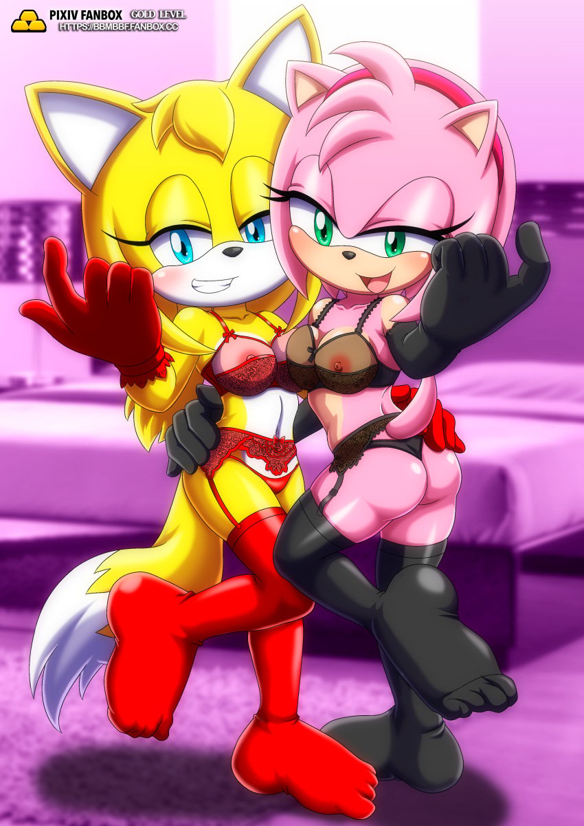 2girls amy_rose anthro ass bbmbbf blush breasts female female_only gloves gold_level inviting lingerie looking_at_viewer mobius_unleashed multiple_girls open_mouth palcomix pietros_secret_club sega sonic_(series) sonic_the_hedgehog_(series) stockings tongue zooey_the_fox