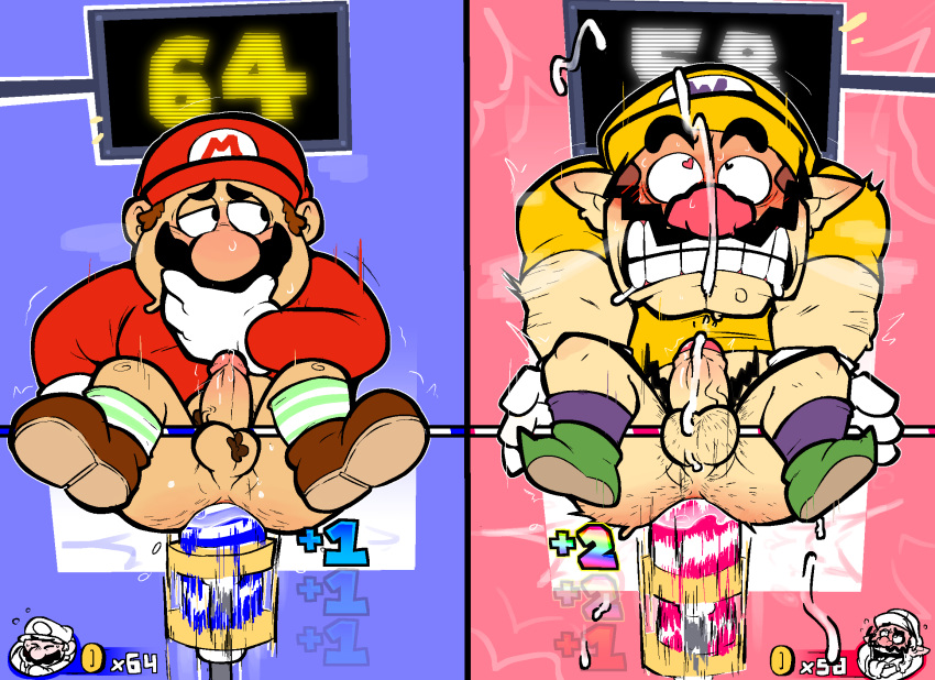 2boys anal anal_sex balls bara bent_legs blush bodily_fluids boner brown_hair cap clothing coins cum cum_while_penetrated duo ejaculation erection footwear gameplay_mechanics gay genital_fluids genitals hat heart-shaped_pupils hi_res hud human machine machine_penetrating male male/male male_only mammal mario mario_(series) mario_party mustache naughtybassard nintendo not_furry penetration penile penis pink_nose pubes rough_sex score scoreboard sex sex_machine spread_legs spreading sweat torquewintress video_games wario